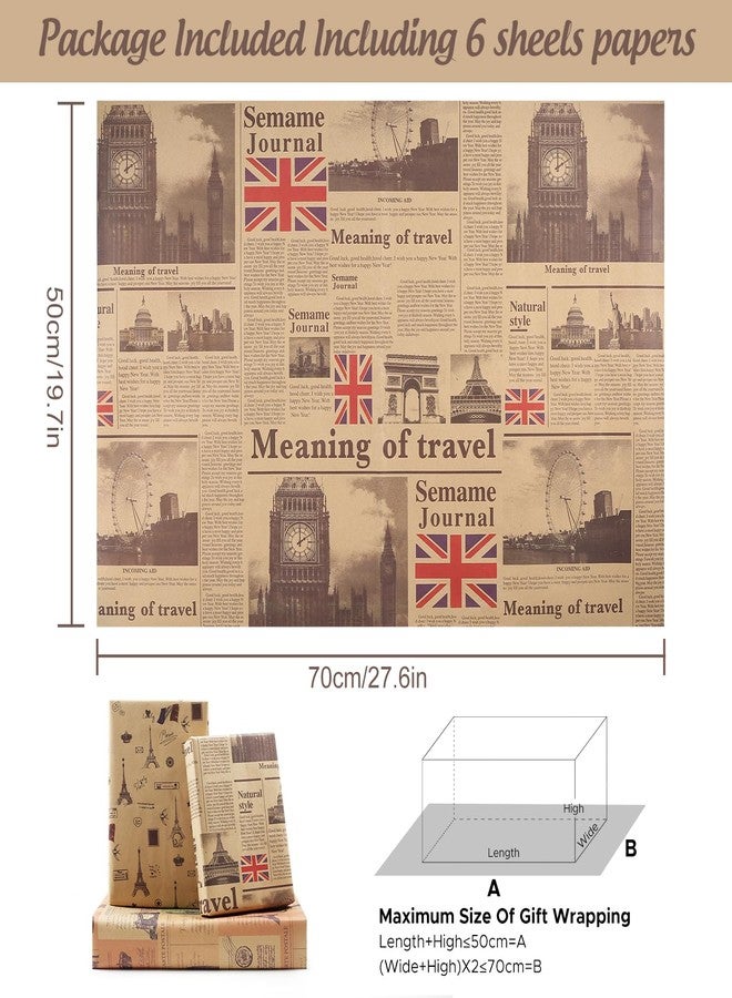 AirCool France Paris Eiffel Tower London Vintage Kraft Newspaper Traveller Wrapping Paper, Europe Gift Wrap 6 Sheets Folded Flat 20x28 inches per Sheet for Wedding, Birthday, Bridal Showers, Anniversary - Image 2